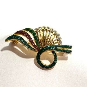 Colorful Sparkly Fan Shape Brooch Pin Rhinestone Style Beads Gold Tone